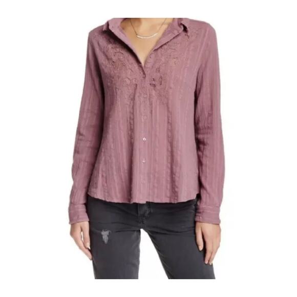 Free People Carter Dobby Long Sleeve Lacey Purple Button Down Blouse Sz XS - Picture 1 of 7